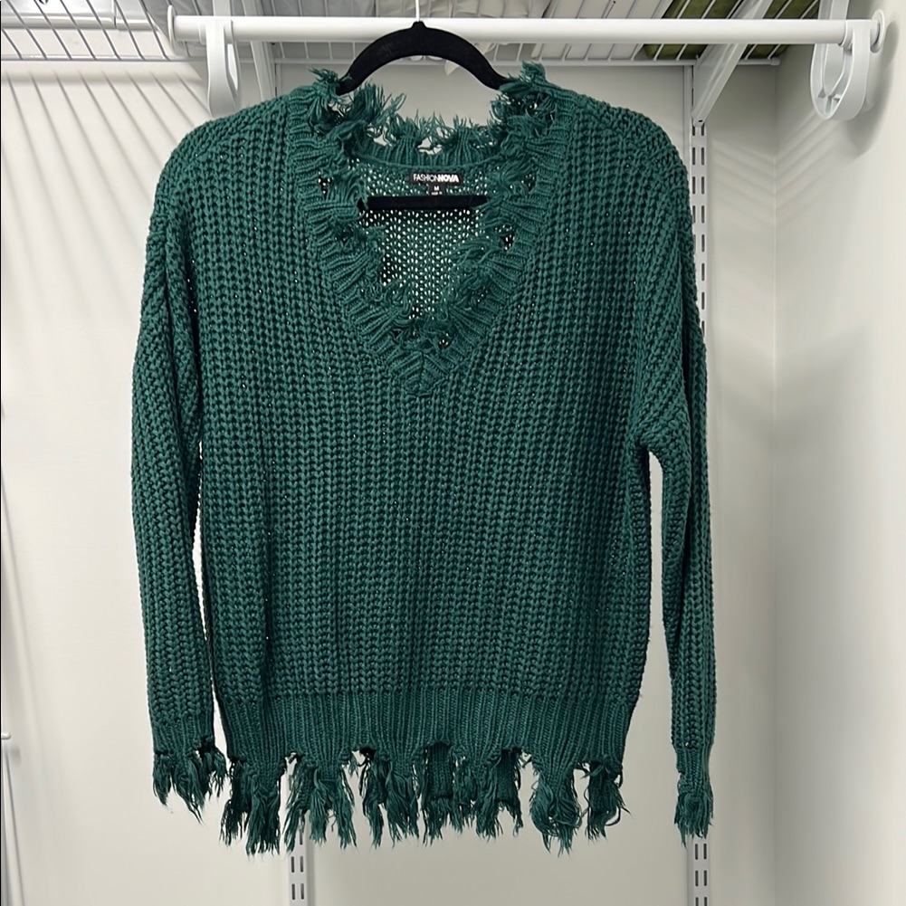 Distressed Faahion Nova Green Sweater